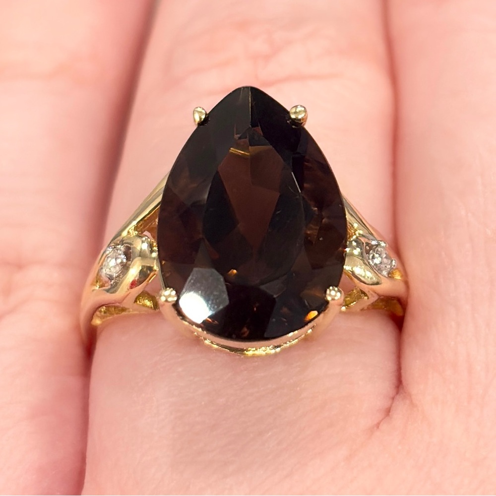 Vintage Pear Cut Smoky Quartz Ring: 14K Yellow Gold Filigree, Diamond, Size 7.5 - Picture 1 of 11